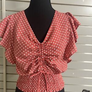 Monteau Red Polka Dot Ruched Blouse